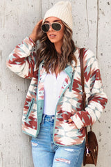 Fiery Red Western Aztec Buttoned Zipper Pockets Fleece Jacket Jackets JT's Designer Fashion