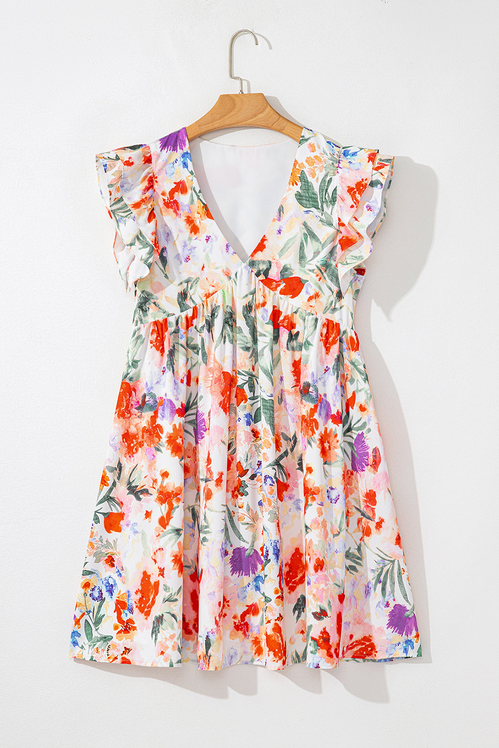 Pink Floral Double Ruffle Sleeve V Neck High Waist Mini Dress Floral Dresses JT's Designer Fashion