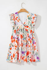 Pink Floral Double Ruffle Sleeve V Neck High Waist Mini Dress Floral Dresses JT's Designer Fashion