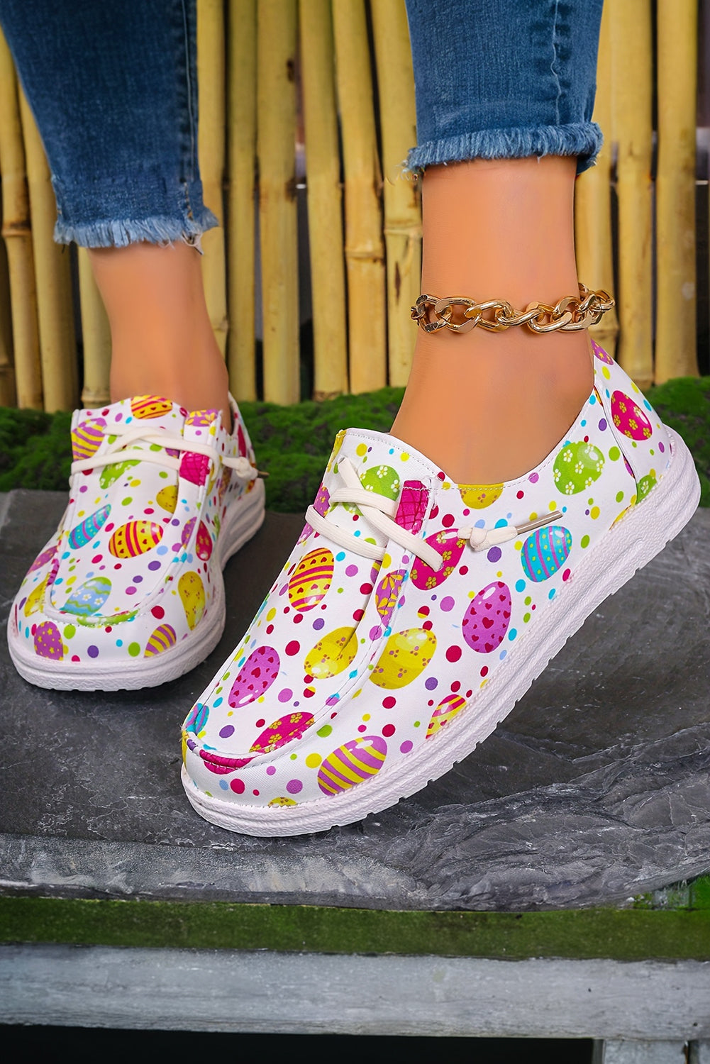 Easter Eggs Printed Square Toe Slip On Canvas Flats Women's Shoes JT's Designer Fashion
