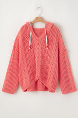 Gold Flame Cable Knit V Neck Contrast Drawstring Hooded Sweater Sweaters JT's Designer Fashion