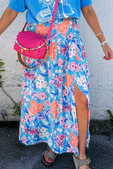 Sky Blue Floral Printed High Waist Split Wrap Long Skirt Sky Blue 100%Polyester Skirts & Petticoat JT's Designer Fashion