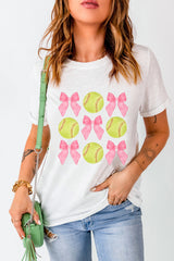 White Bow Tie Baseball Print Round Neck Casual Tee Graphic Tees JT's Designer Fashion