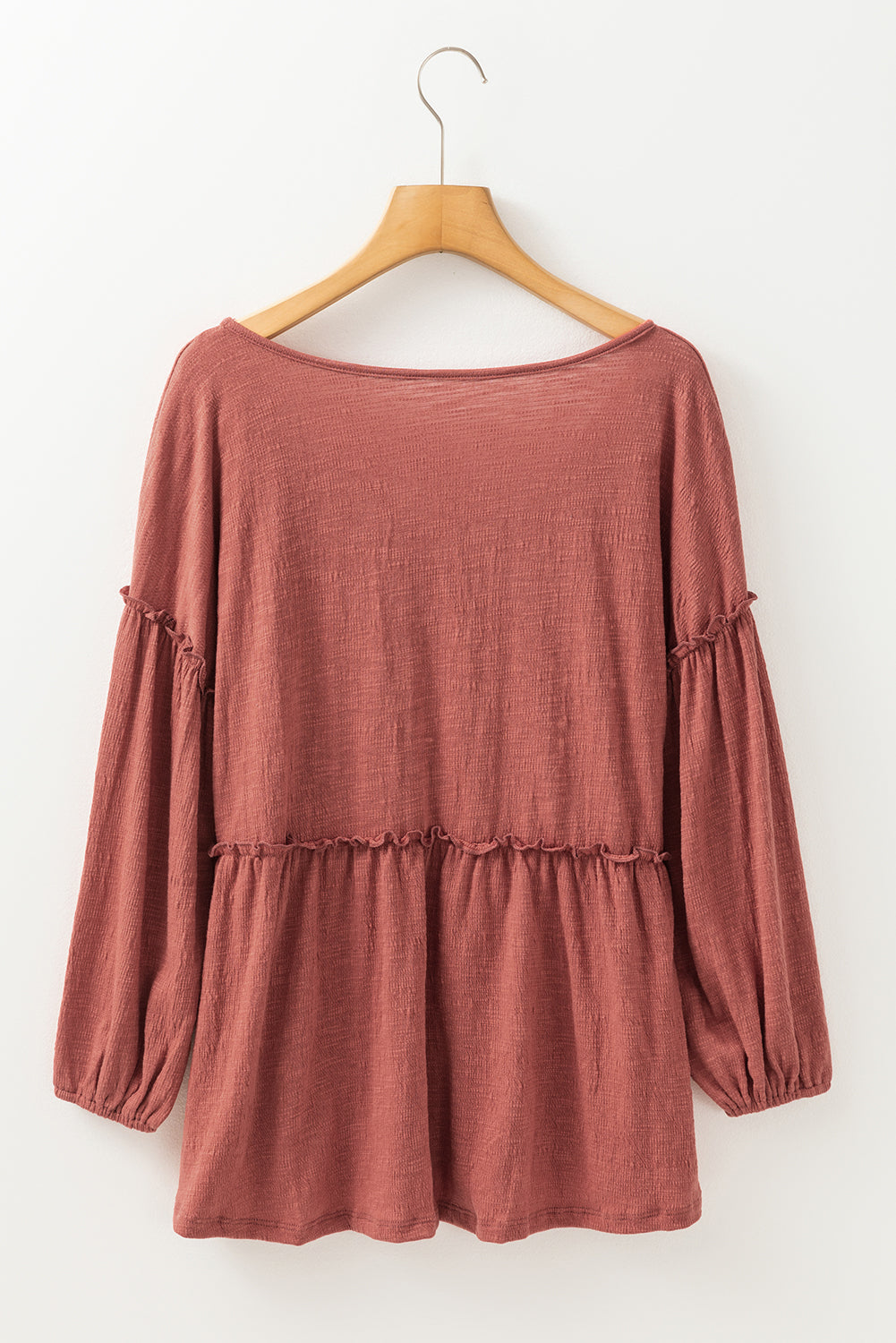 Mineral Red Solid Color Textured Frilled Trim V Neck Puff Sleeve Blouse Blouses & Shirts JT's Designer Fashion