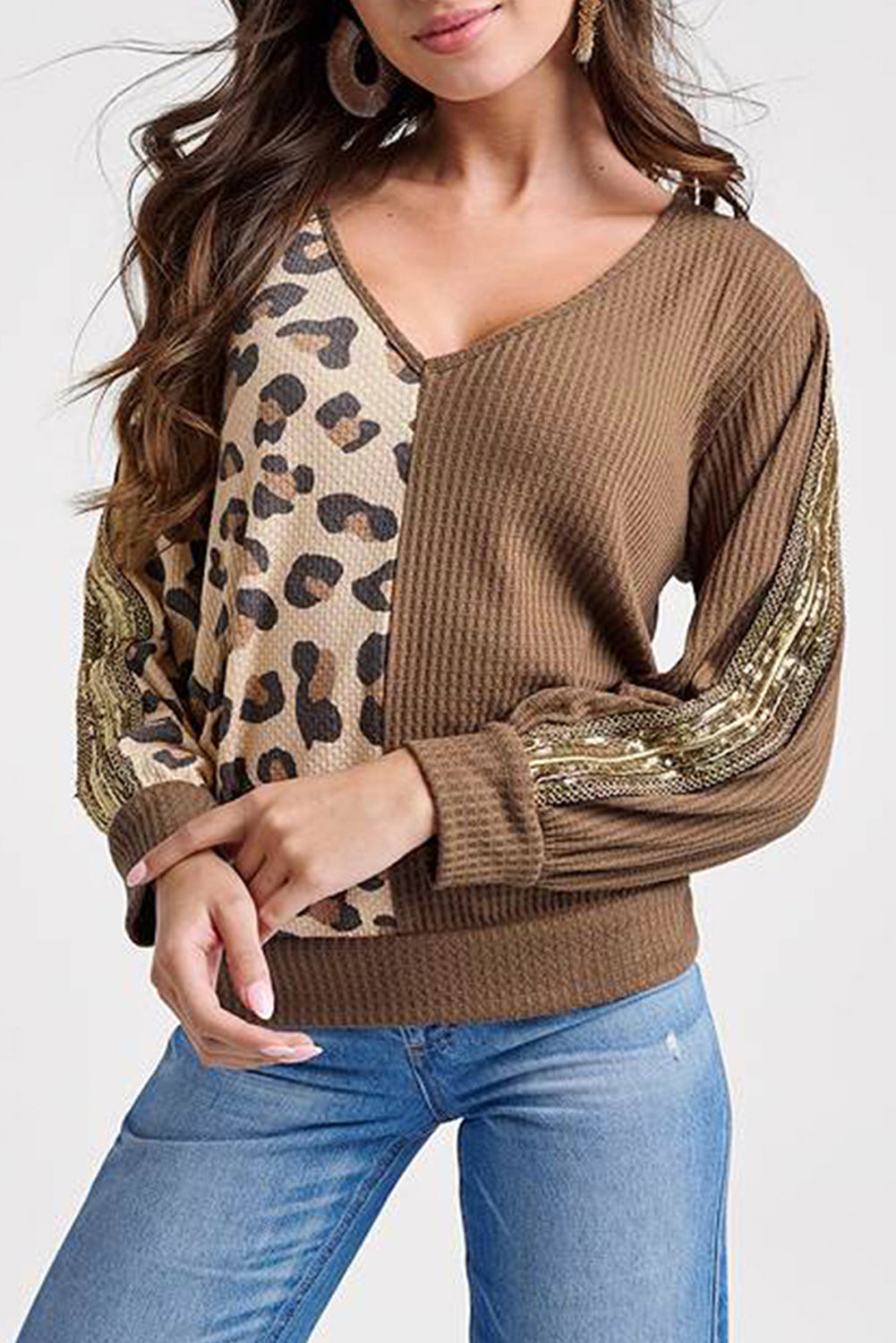 Brown Leopard Splicing Waffle Knit V Neck Top Long Sleeve Tops JT's Designer Fashion