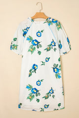 White Plus Size Floral Short Puff Sleeve Contrast Tie V Neck Dress Plus Size Mini Dresses JT's Designer Fashion