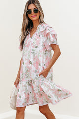 Pink Floral Contrast Edge Layered Short Sleeve Mini Dress Floral Dresses JT's Designer Fashion