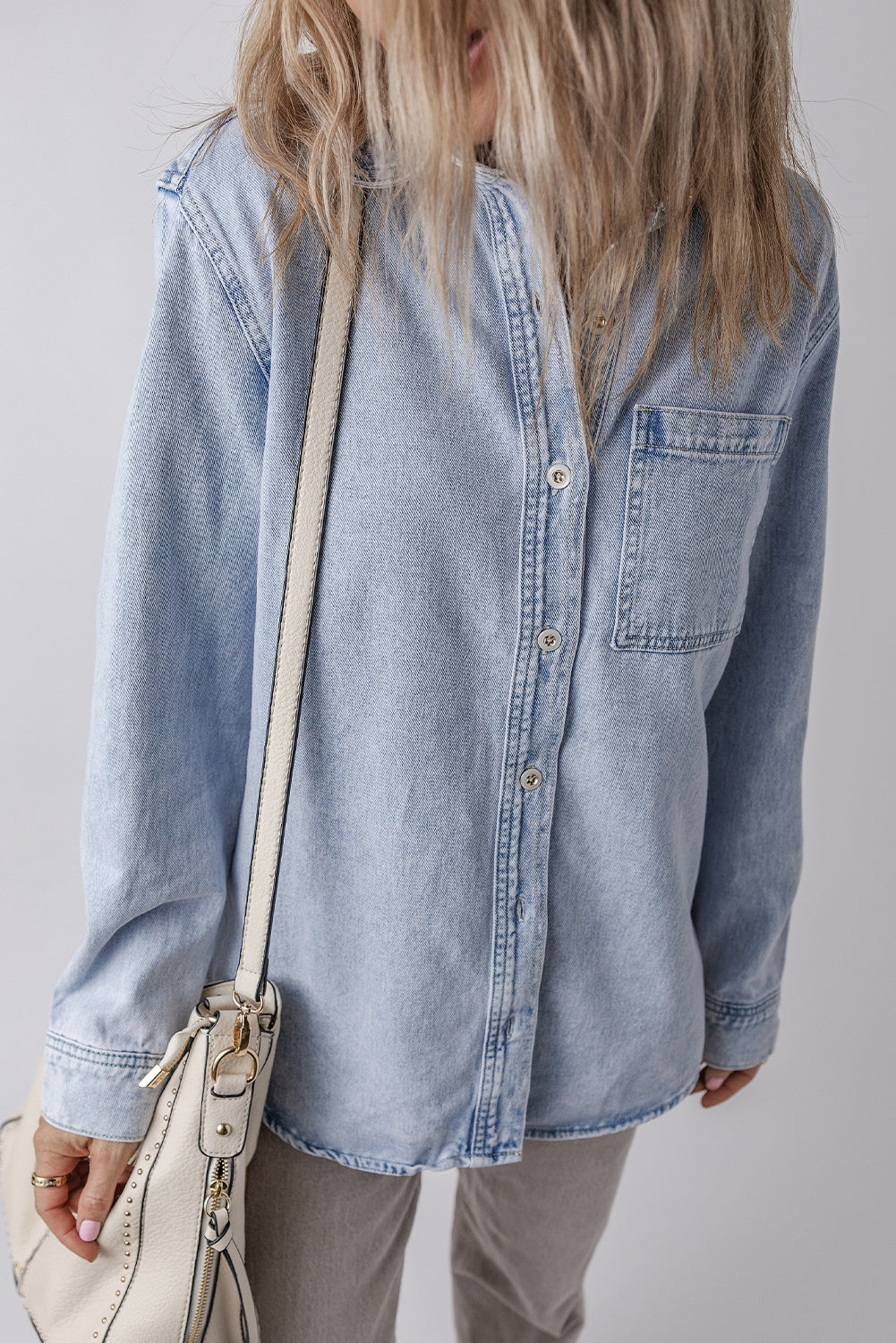 Beau Blue Long Sleeve Buttoned Chest Pocket Denim Shacket Denim Jackets JT's Designer Fashion