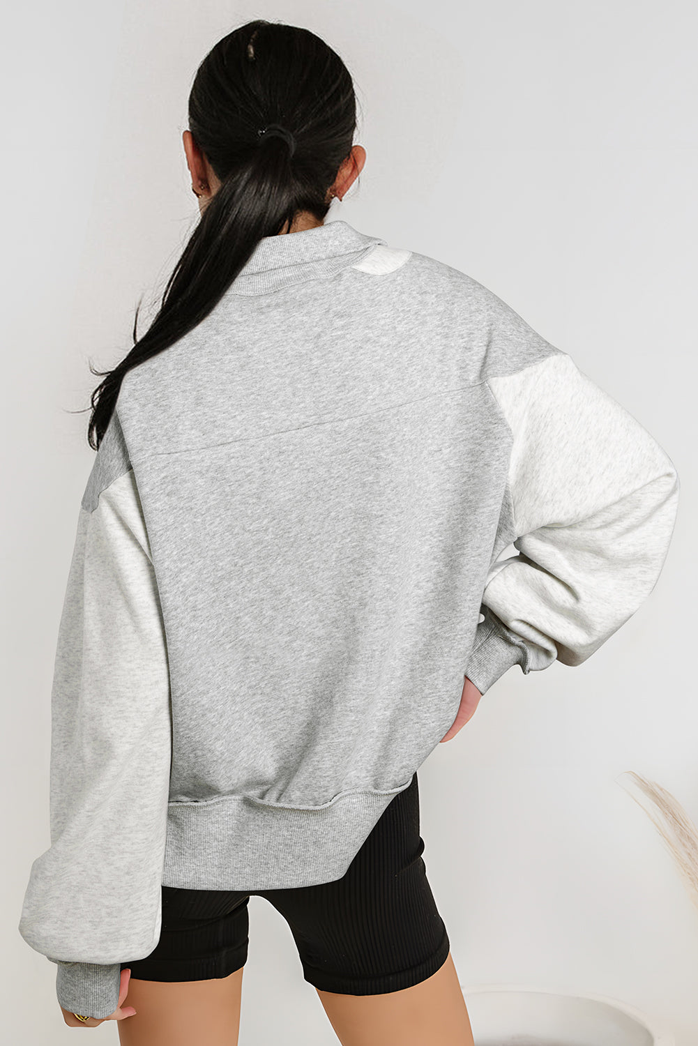 Gray Half Zipper Collared Drop Shoulder Side Slits Sweatshirt Sweatshirts & Hoodies JT's Designer Fashion