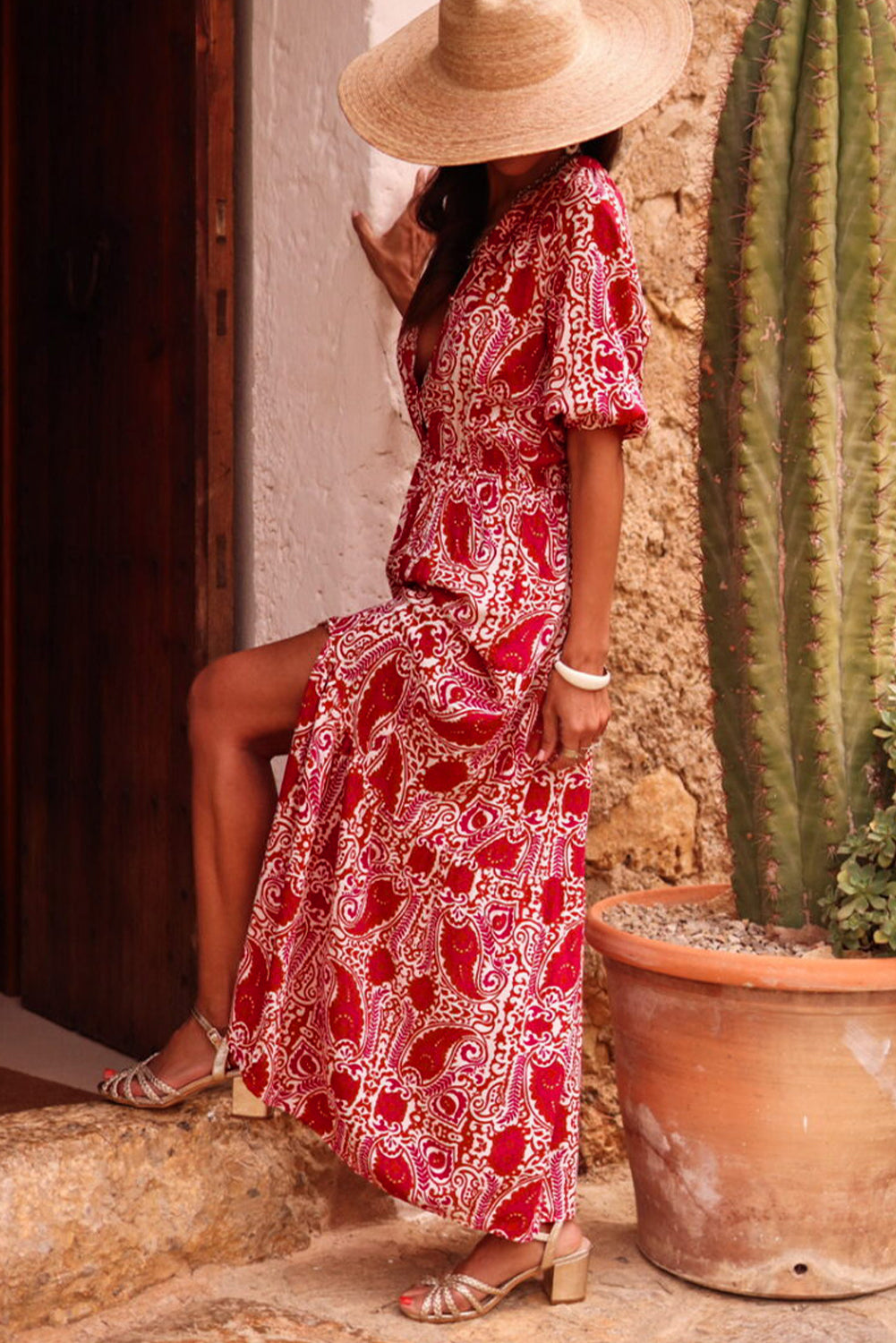 Red Paisley Print Side Slit Puff Sleeve High Waist Long Dress Maxi Dresses JT's Designer Fashion