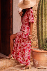 Red Paisley Print Side Slit Puff Sleeve High Waist Long Dress Maxi Dresses JT's Designer Fashion