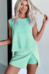 Mint Green 2 Pieces Mineral Wash Cotton Tank Top Lined Split Skirt Set Two Piece Dresses JT's Designer Fashion