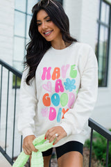 Beige HAVE A GOOD DAY Drop Shoulder Graphic Sweatshirt Graphic Sweatshirts JT's Designer Fashion