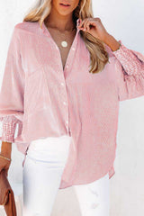 Red Stripe Smocked Cuffed Striped Boyfriend Shirt with Pocket Red Stripe 100%Polyester Blouses & Shirts JT's Designer Fashion