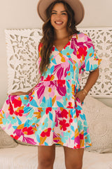 Rose Red Floral Bubble Sleeve V Neck Tiered Ruffle Babydoll Dress Floral Dresses JT's Designer Fashion