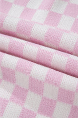 Light Pink Checkered Knitted Lace-up Ruffled 3/4 Sleeve Cardigan Cardigans JT's Designer Fashion