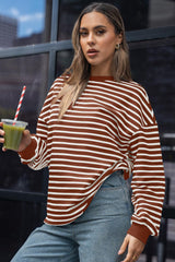 Coffee Striped Long Sleeve Round Neck Loose Top Long Sleeve Tops JT's Designer Fashion