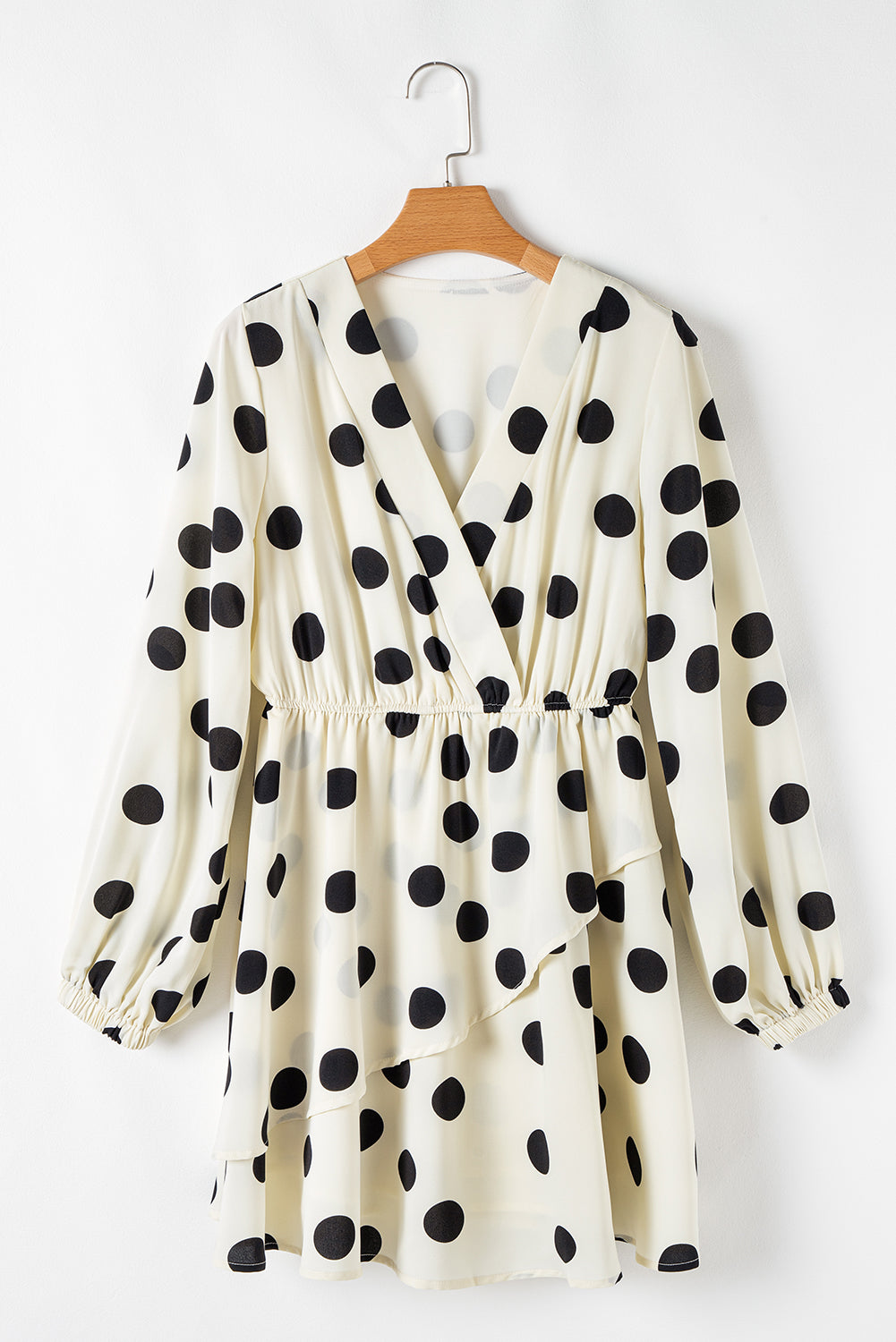 Beige Polka Dot Printed Surplice V Neck Puff Sleeve Mini Dress Mini Dresses JT's Designer Fashion