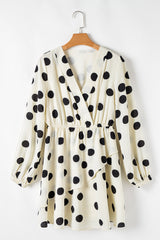 Beige Polka Dot Printed Surplice V Neck Puff Sleeve Mini Dress Mini Dresses JT's Designer Fashion