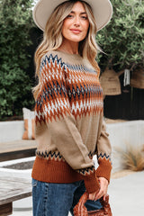 Khaki Aztec Print Colorblock Crew Neck Sweater Sweaters JT's Designer Fashion