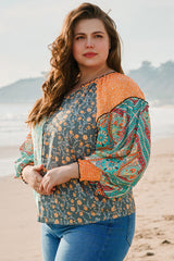 Green Floral Patchwork Lantern Sleeve Buttoned V Neck Plus Size Blouse Plus Size Blouses & Shirts JT's Designer Fashion