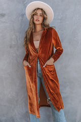 Brown Retro Velvet Long Sleeve Pocket Coat Brown 65%COTTON+35%POLYESTER Coats JT's Designer Fashion