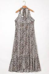 Brown Leopard Printed Halter Neck Backless Ruffled Hem Long Dress Maxi Dresses JT's Designer Fashion