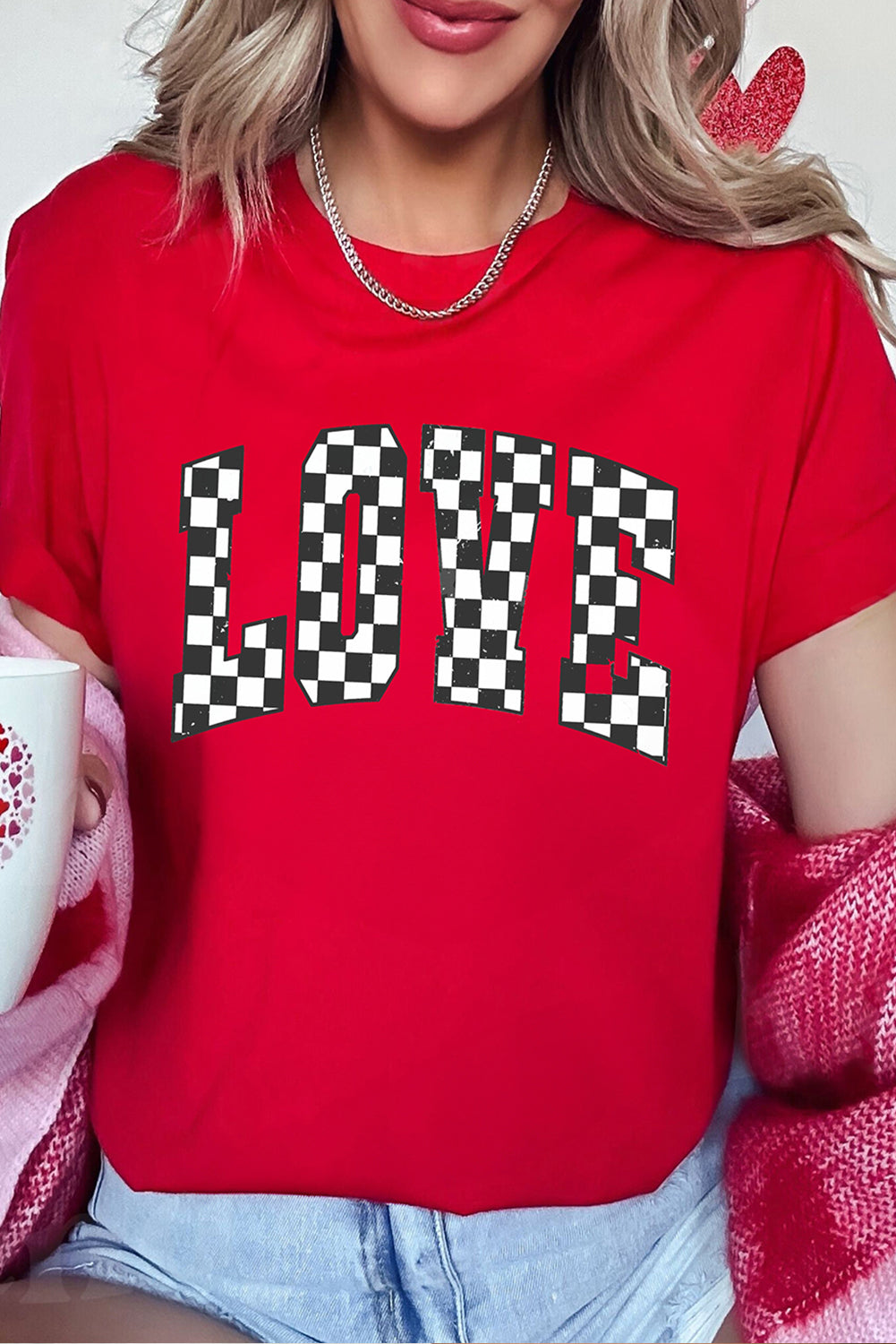 Red Checkered LOVE Letter Graphic Valentines T Shirt Graphic Tees JT's Designer Fashion