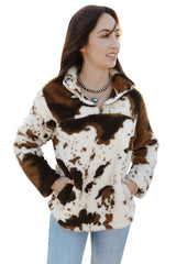 Zip Collar Cow Print Fleece Sweatshirt Sweatshirts & Hoodies JT's Designer Fashion