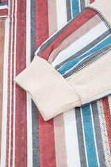 Beige Striped Waffle Patchwork Exposed Seam Raw Edge Casual Knit Top Blouses & Shirts JT's Designer Fashion