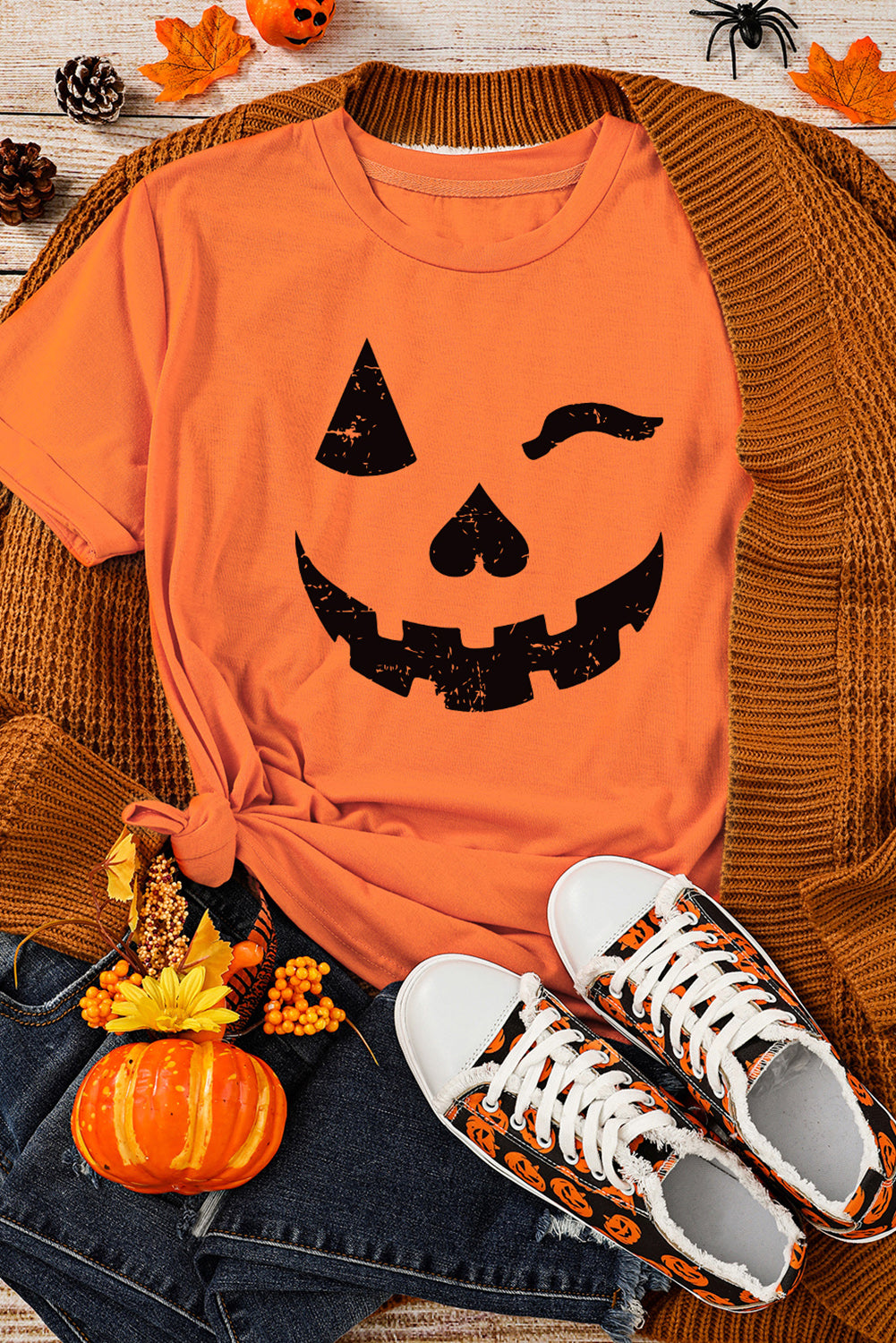 Orange Halloween Pumpkin Face Print Crew Neck T Shirt Graphic Tees JT's Designer Fashion