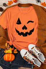 Orange Halloween Pumpkin Face Print Crew Neck T Shirt Graphic Tees JT's Designer Fashion