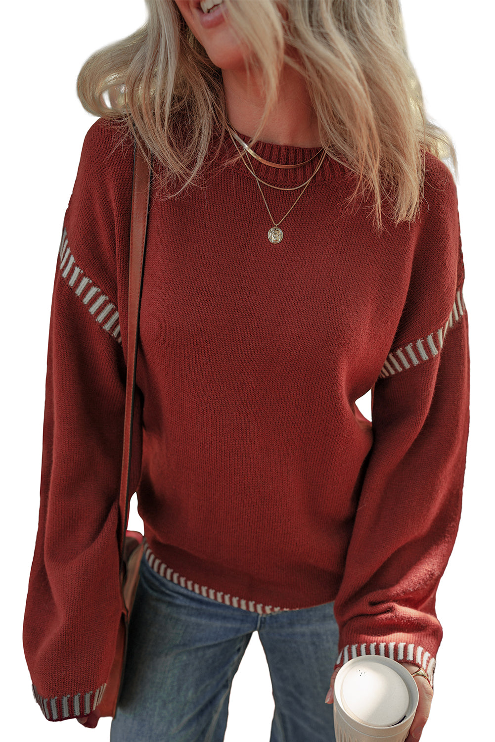Red Dahlia Color Contrast Trim Drop Shoulder Crew Neck Sweater Sweaters JT's Designer Fashion