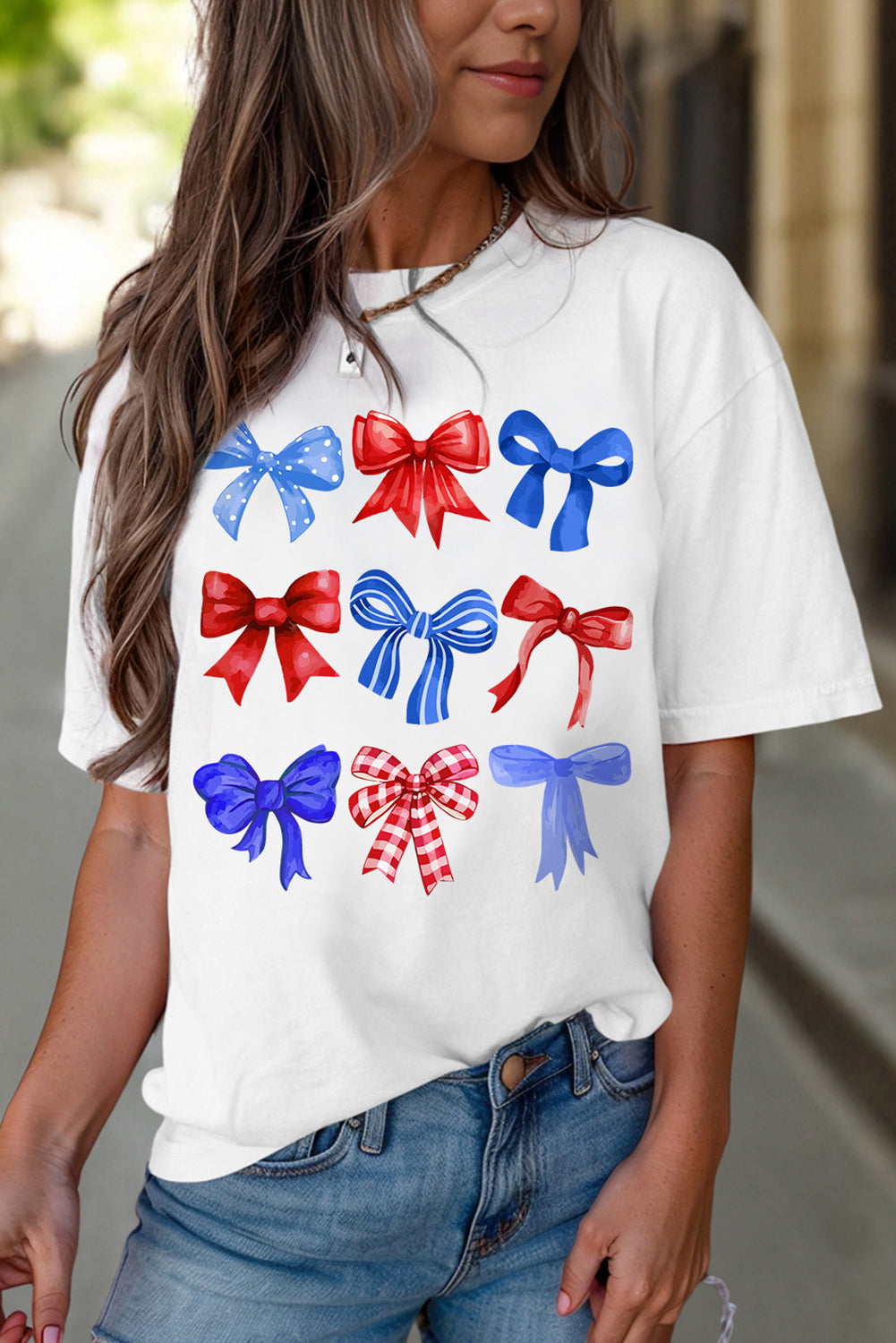 White USA Inspire Bow Print Crewneck Independence Day Tee Graphic Tees JT's Designer Fashion