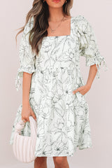 Beige Floral Print Square Neck Shirred Back Puff Sleeve Mini Dress Floral Dresses JT's Designer Fashion