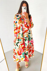 Orange Floral Print Split V Neck Tiered Long Dress Maxi Dresses JT's Designer Fashion