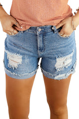 Distressed Ripped Rolled Hem Sky Blue Denim Shorts Denim Shorts JT's Designer Fashion