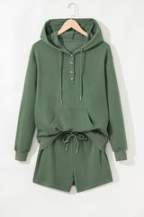 Mist Green Button Drawstring Hooded Pullover and Casual Short Set Short Sets JT's Designer Fashion