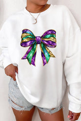 White Mardi Gras Bow Graphic Drop Shoulder Sweatshirt Graphic Sweatshirts JT's Designer Fashion