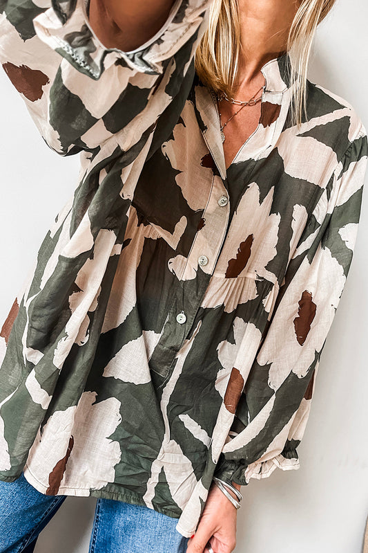 Four Leaf Clover Abstract Floral Print Puff Sleeve Half Button Blouse Four Leaf Clover 100%Polyester Blouses & Shirts JT's Designer Fashion