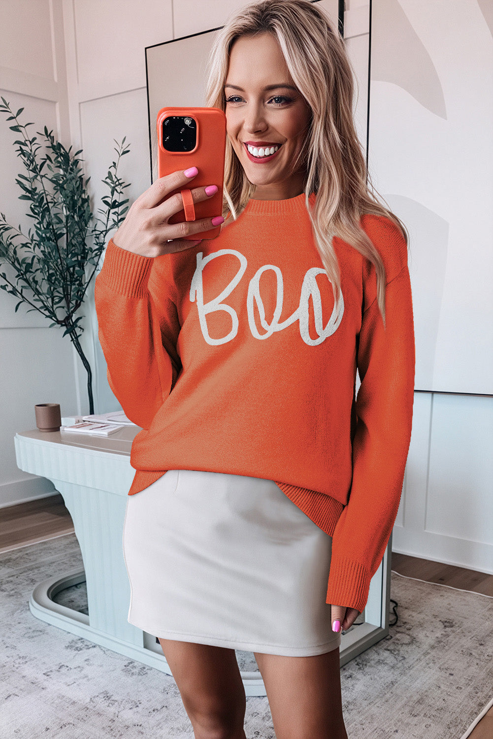 Orange Boo Knitted Pattern Ribbed Edge Drop Shoulder Sweater Sweaters JT's Designer Fashion