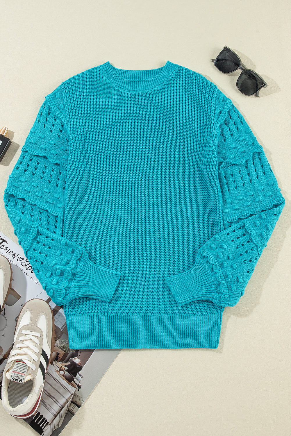 Turquoise Ruffled Eyelet Bubble Sleeve Sweater Sweaters JT's Designer Fashion