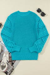 Turquoise Ruffled Eyelet Bubble Sleeve Sweater Sweaters JT's Designer Fashion