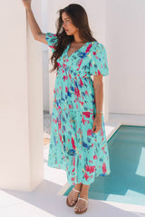 Sky Blue Abstract Print Short Puff Sleeve Tiered Long Dress Maxi Dresses JT's Designer Fashion