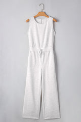 Light Grey Solid Color Crew Neck Drawstring High Waist Sleeveless Jumpsuit Jumpsuits & Rompers JT's Designer Fashion