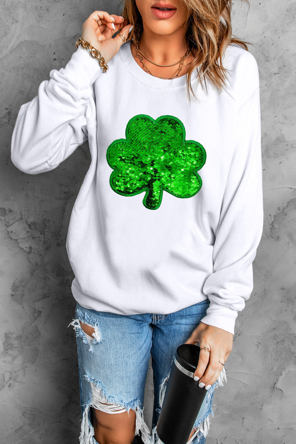 White Sequin Clover Embroidered Drop Shoulder Sweatshirt Graphic Sweatshirts JT's Designer Fashion