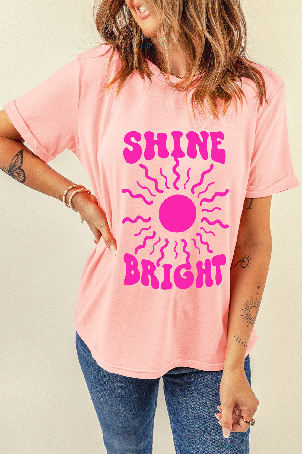 Pink SHINE BRIGHT Graphic Casual Tee Graphic Tees JT's Designer Fashion