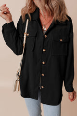 Black Corduroy Flap Pocket Button Up Shacket Black 75%Polyester+20%Viscose+5%Elastane Jackets JT's Designer Fashion
