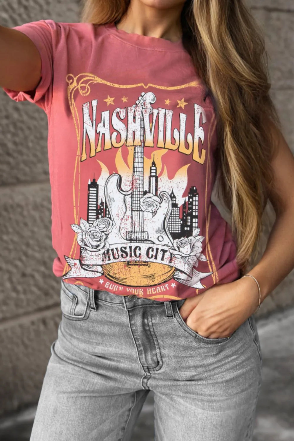 Mineral Nashville Music City Graphic Retro T-Shirt Burnt Coral Graphic Tees JT's Designer Fashion