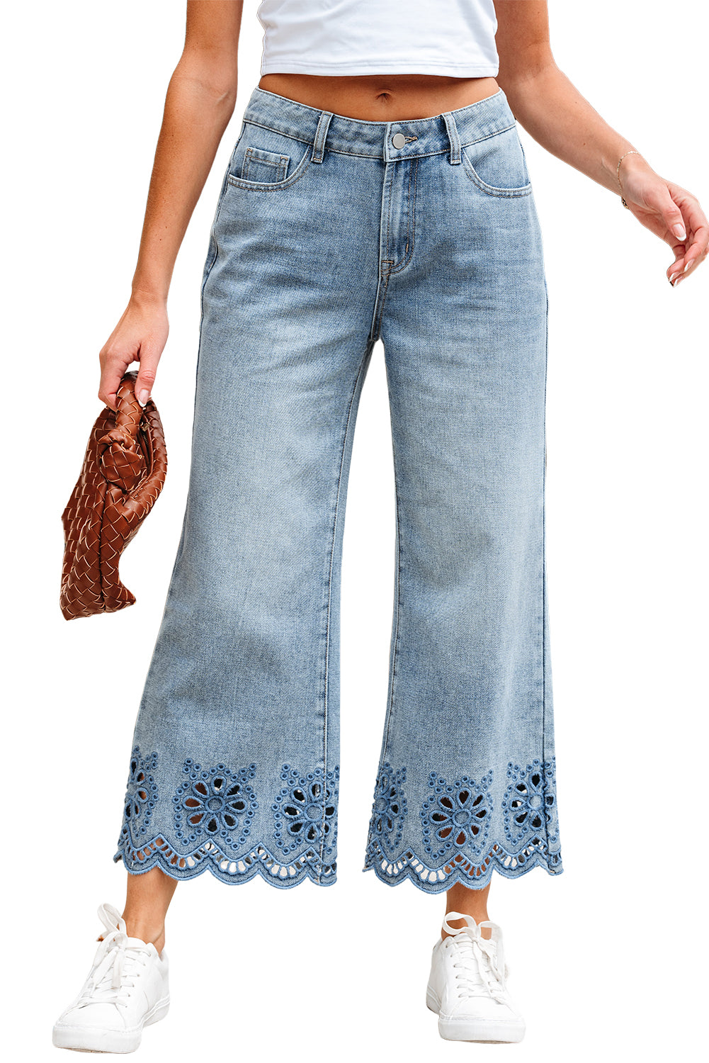 Dusk Blue Embroidered Cropped Wide Leg High Waist Jeans Jeans JT's Designer Fashion